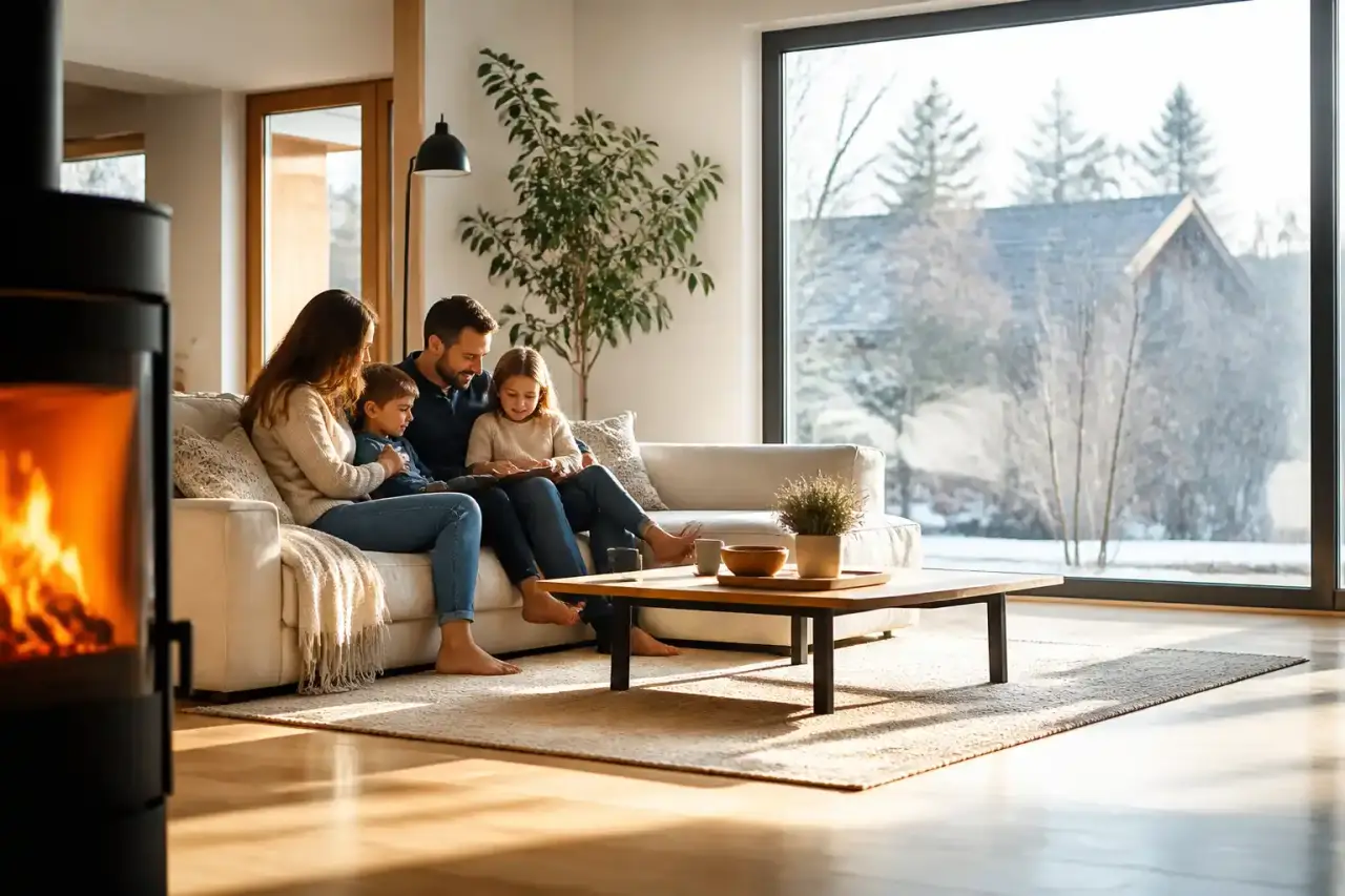 Salon lumineux rénové avec matériaux naturels, bois clair et grandes baies vitrées ouvertes sur un jardin