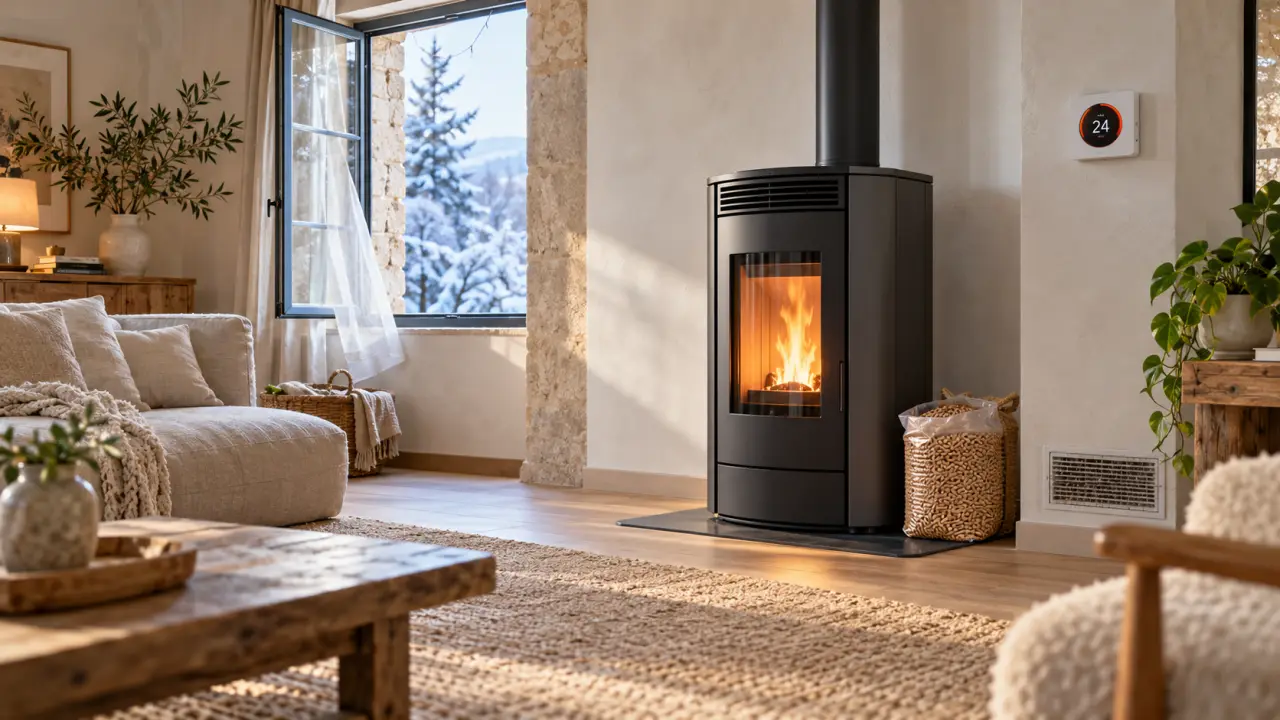 Poêle à granulés moderne dans un salon rénové avec des matériaux naturels
