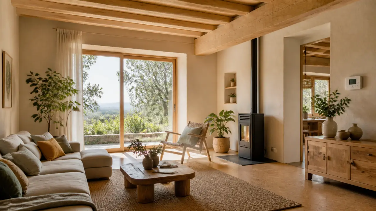 Salon rénové avec lumière naturelle, matériaux nobles et ambiance chaleureuse