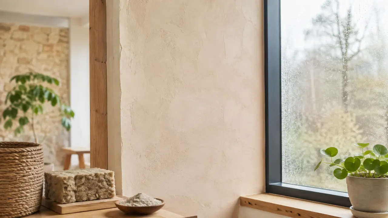 Intérieur rénové avec enduits naturels, lumière douce et ambiance chaleureuse