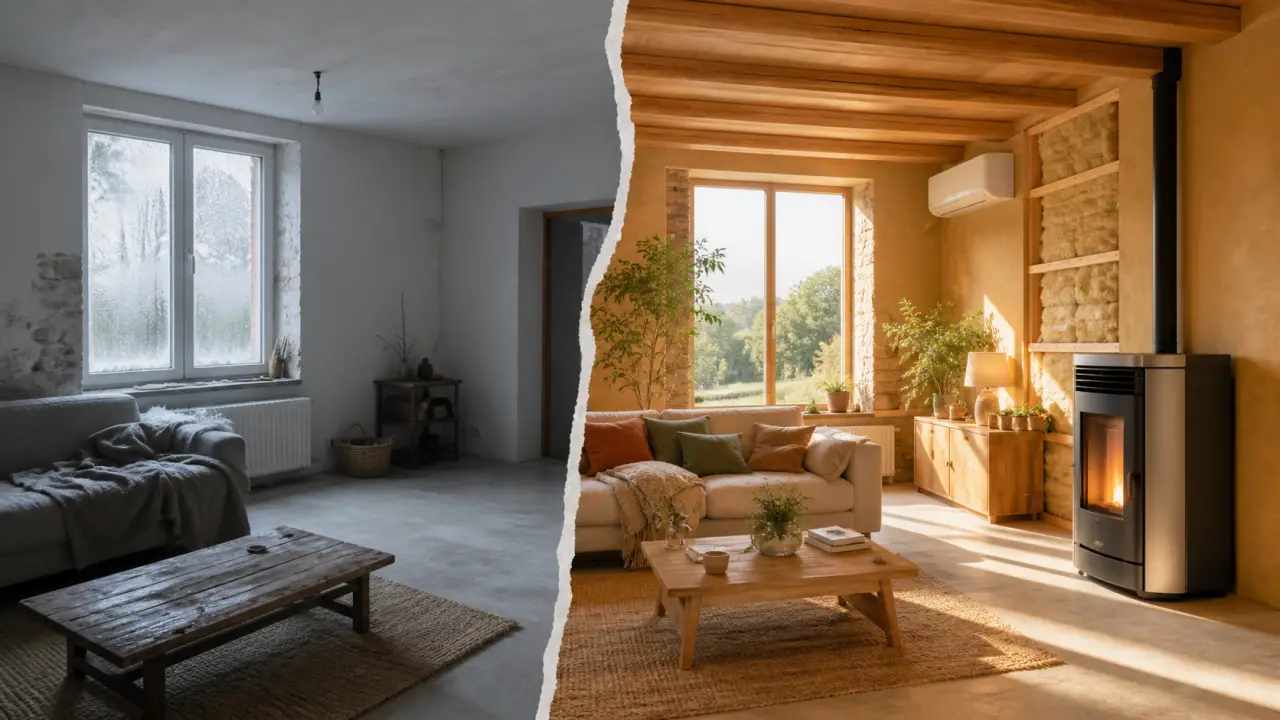 Salon rénové lumineux avec matériaux naturels et grande baie vitrée
