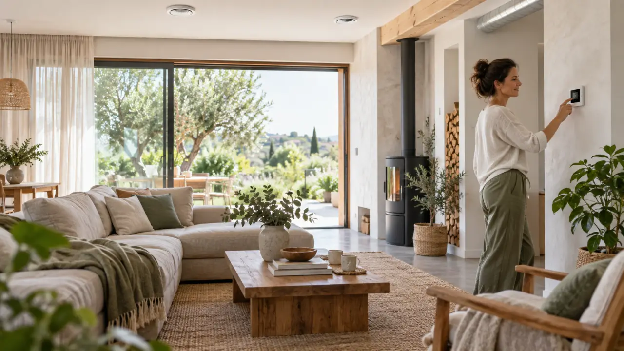 VMC double flux intégrée dans une maison rénovée avec des matériaux naturels