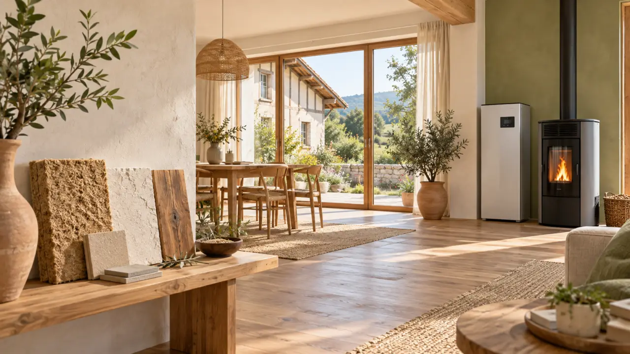 Salon lumineux rénové avec des matériaux naturels et une vue sur un jardin