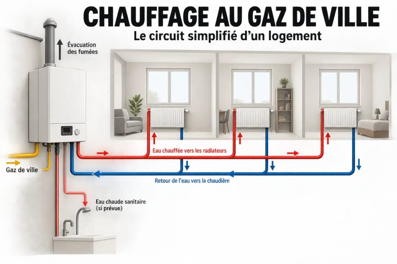 Schéma simplifié du gaz de ville chauffage entre chaudière, radiateurs et eau chaude sanitaire