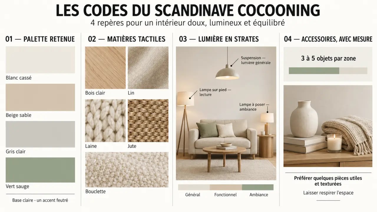 Infographie des couleurs, matières et éclairages d’une déco scandinave cocooning