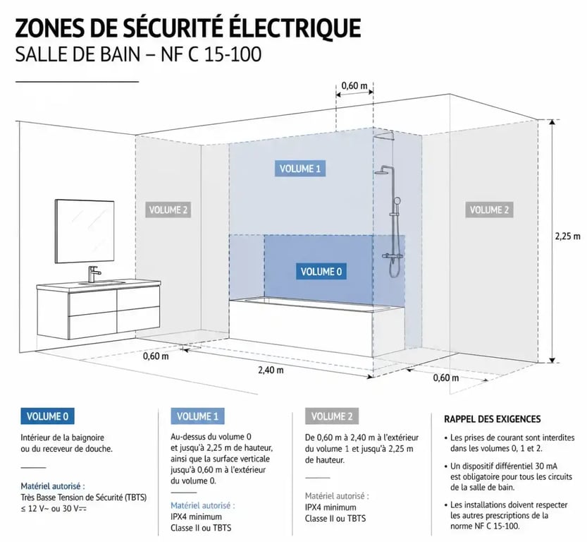 Schéma des zones de sécurité pour l'installation d'un chauffage salle de bain selon la norme NF C 15-100