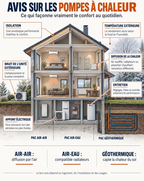 Avis pompe à chaleur : infographie des différences entre PAC air-air, air-eau et géothermique