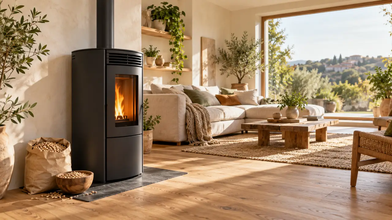 Poêle à granulés dans un salon lumineux aux matériaux naturels