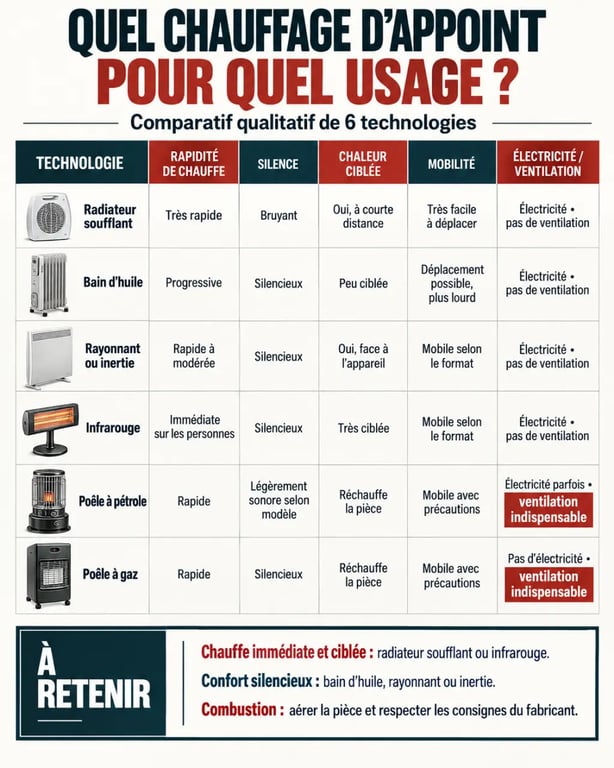 Meilleure chauffage d appoint : infographie comparative des technologies selon l’usage, le confort et la sécurité