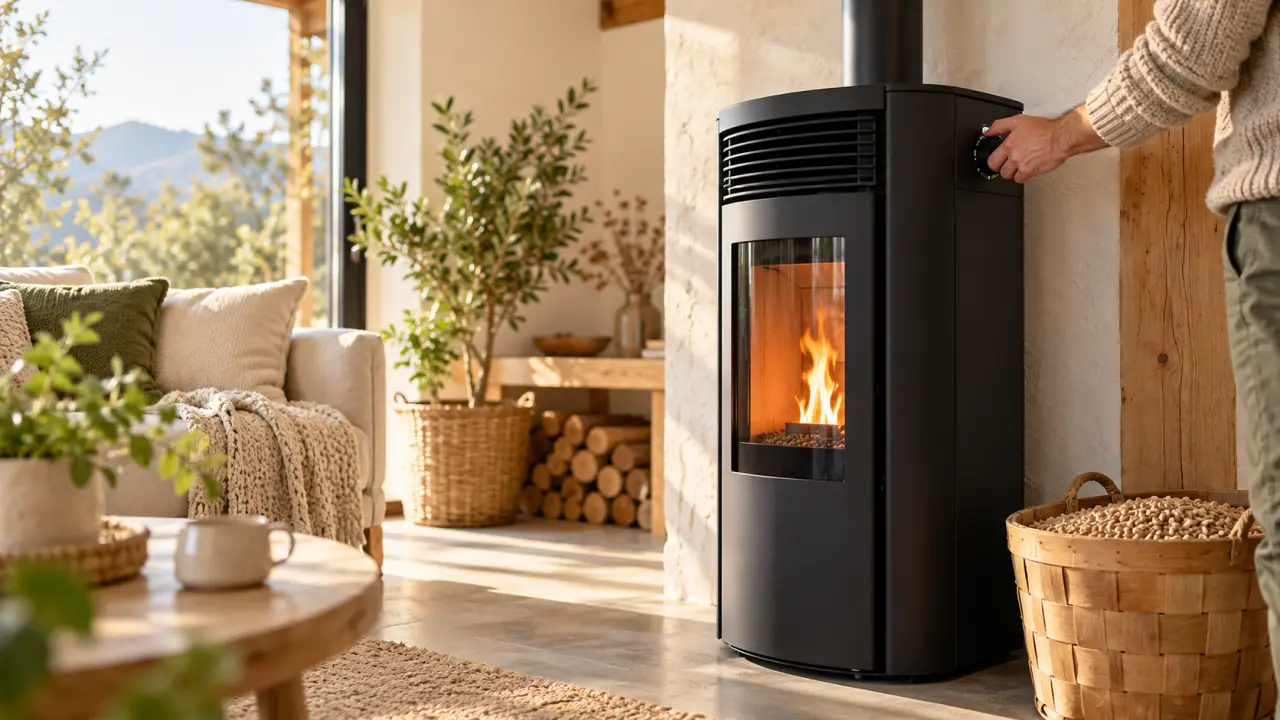 Poêle à granulés moderne dans un salon rénové avec des matériaux naturels