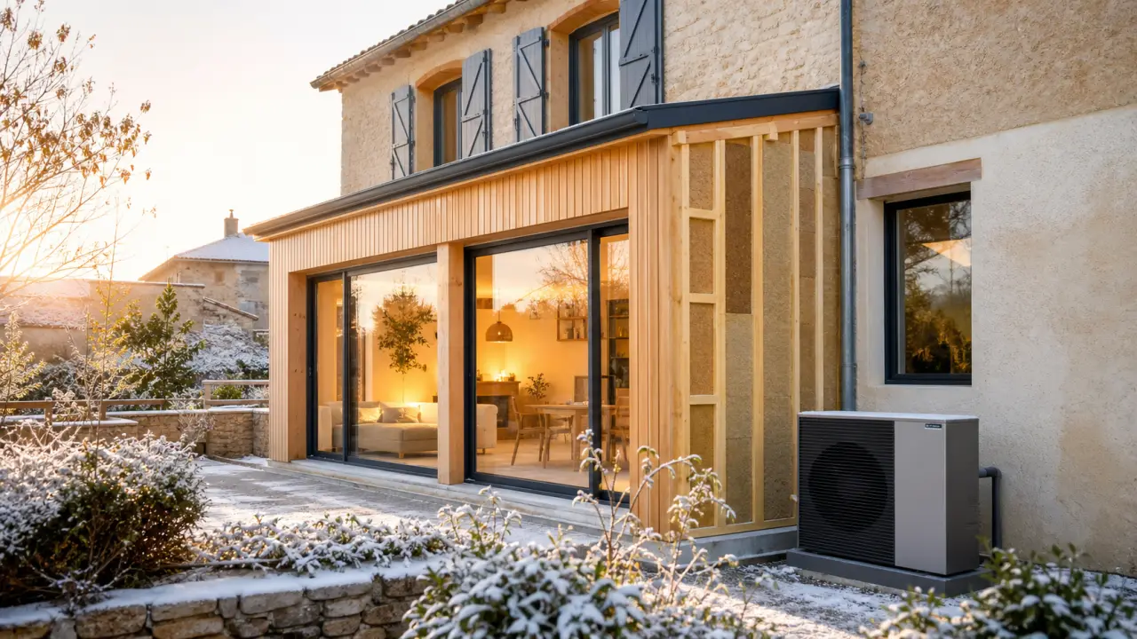 Salon rénové avec lumière naturelle, bois clair et ambiance chaleureuse