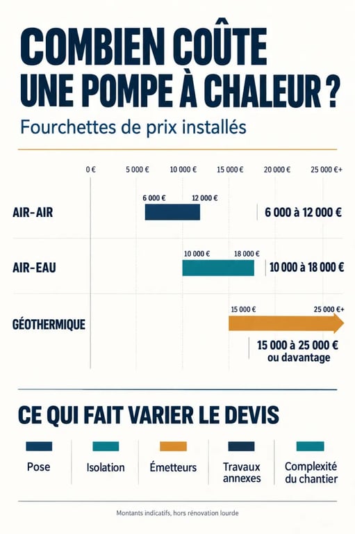 Infographie sur le coût d’une pompe à chaleur selon la technologie et les travaux inclus