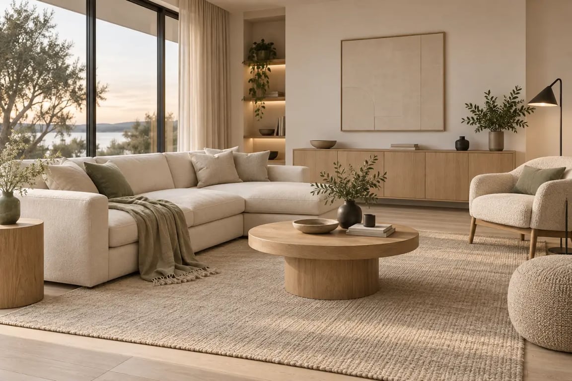 Salon en décoration scandinave cocooning avec bois clair, textiles doux et éclairage chaleureux