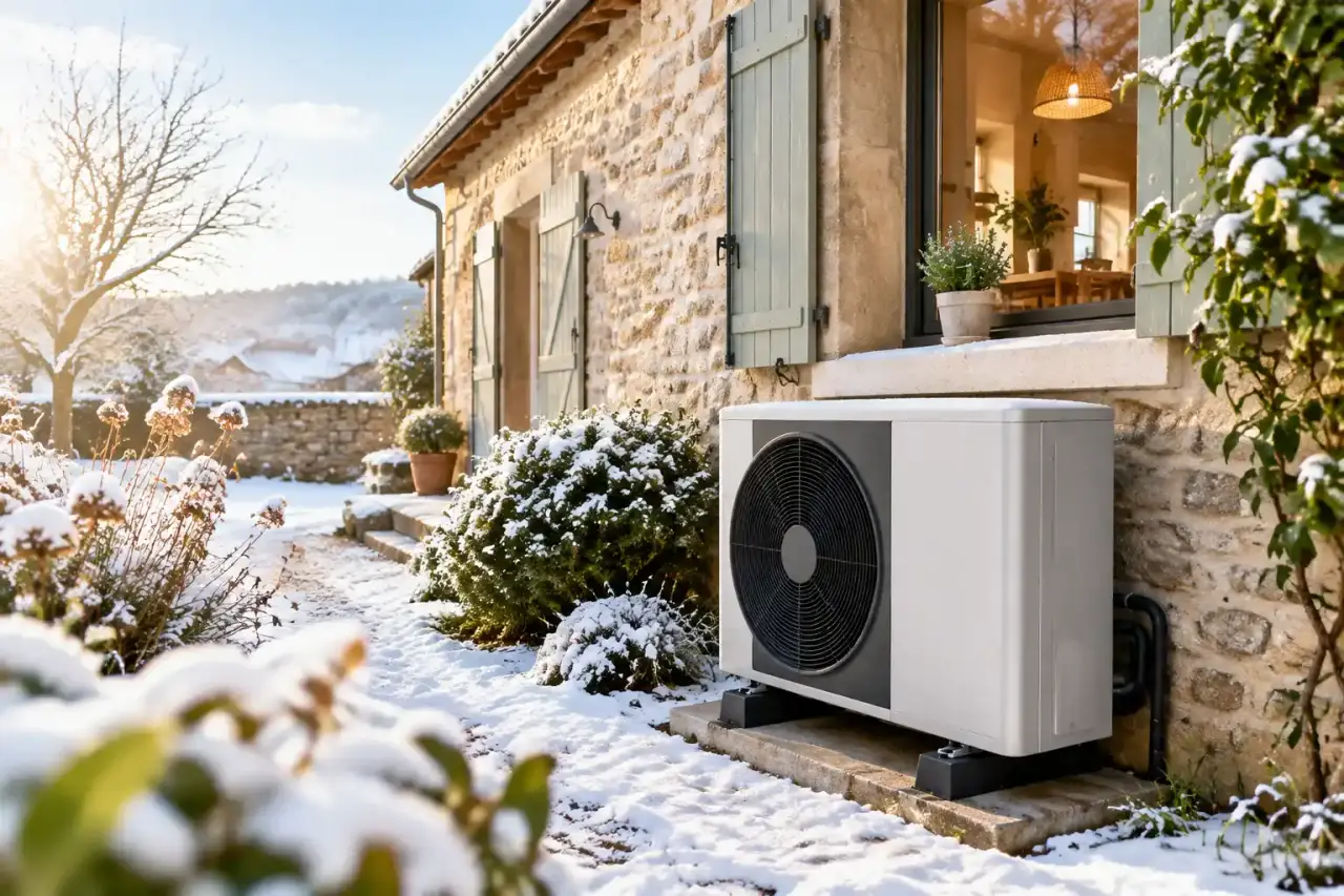 Maison ancienne équipée d'une pompe à chaleur air-eau dans un environnement naturel