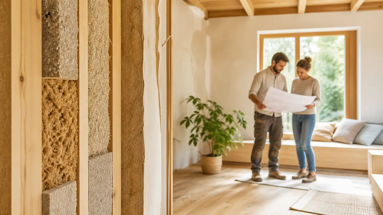 Intérieur rénové avec matériaux naturels, lumière douce et ambiance chaleureuse