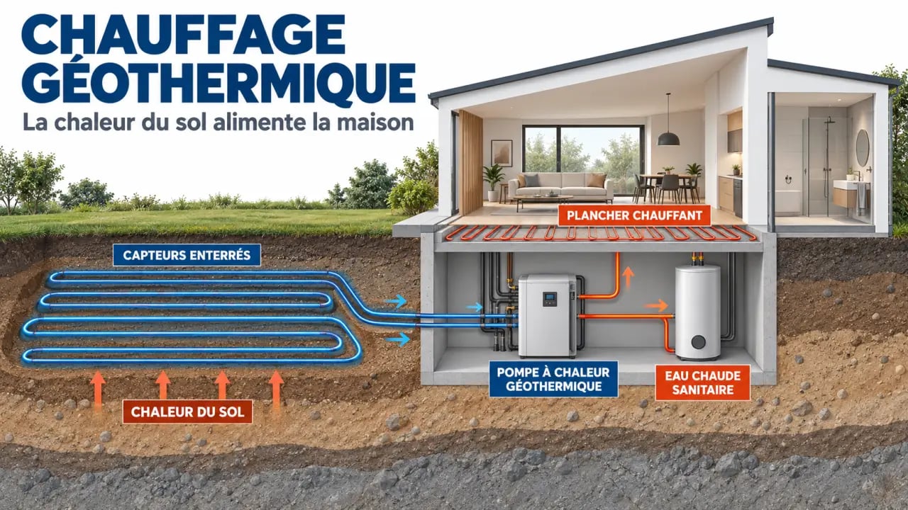 Schéma du fonctionnement du chauffage en géothermie avec captage souterrain et pompe à chaleur