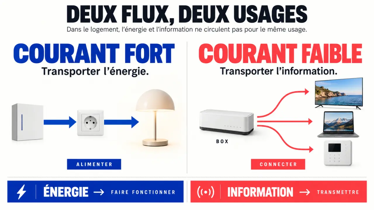 Infographie comparative expliquant le courant faible et le courant fort dans un logement