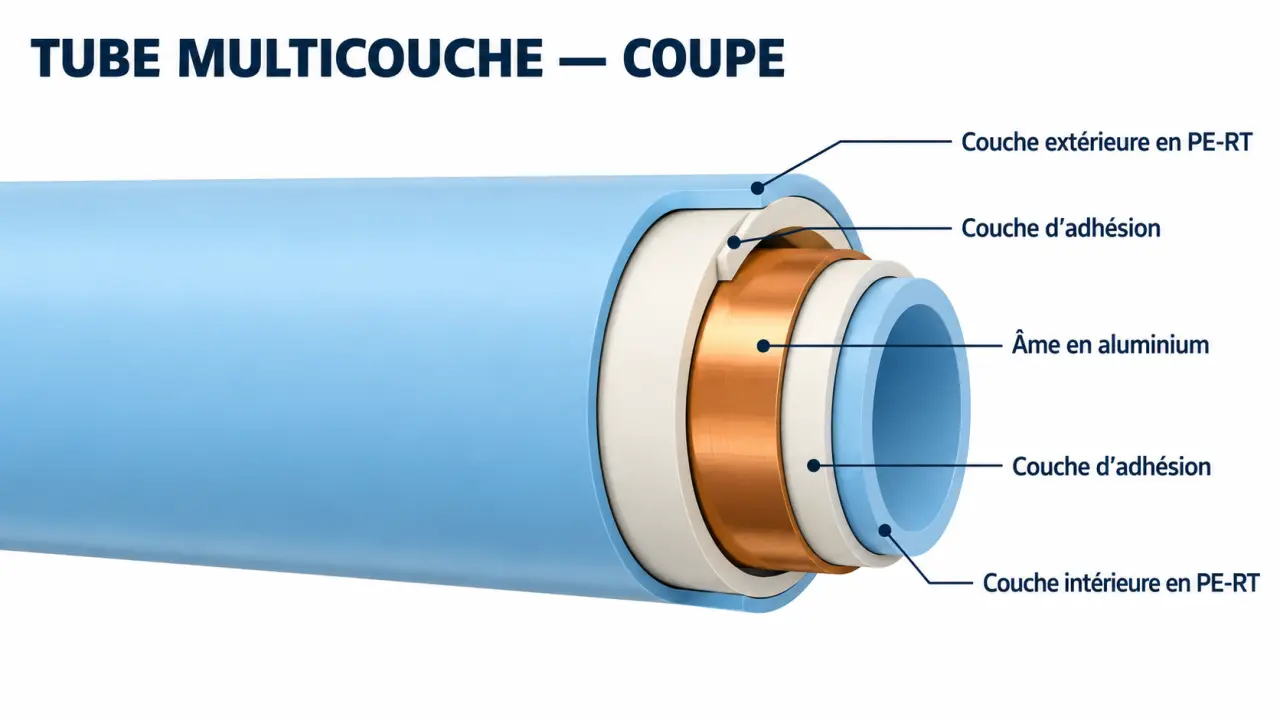 Schéma de la structure d’un tube multicouche plomberie avec âme en aluminium