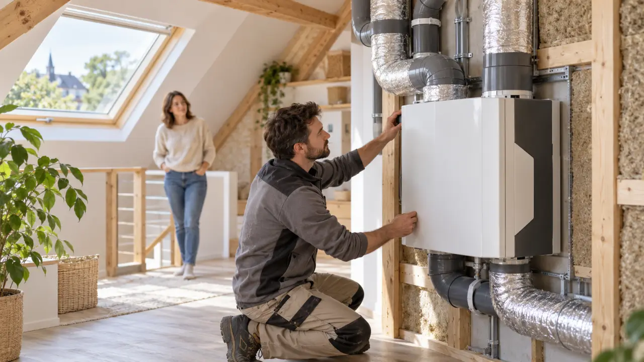 VMC double flux installée dans une maison rénovée avec des matériaux naturels