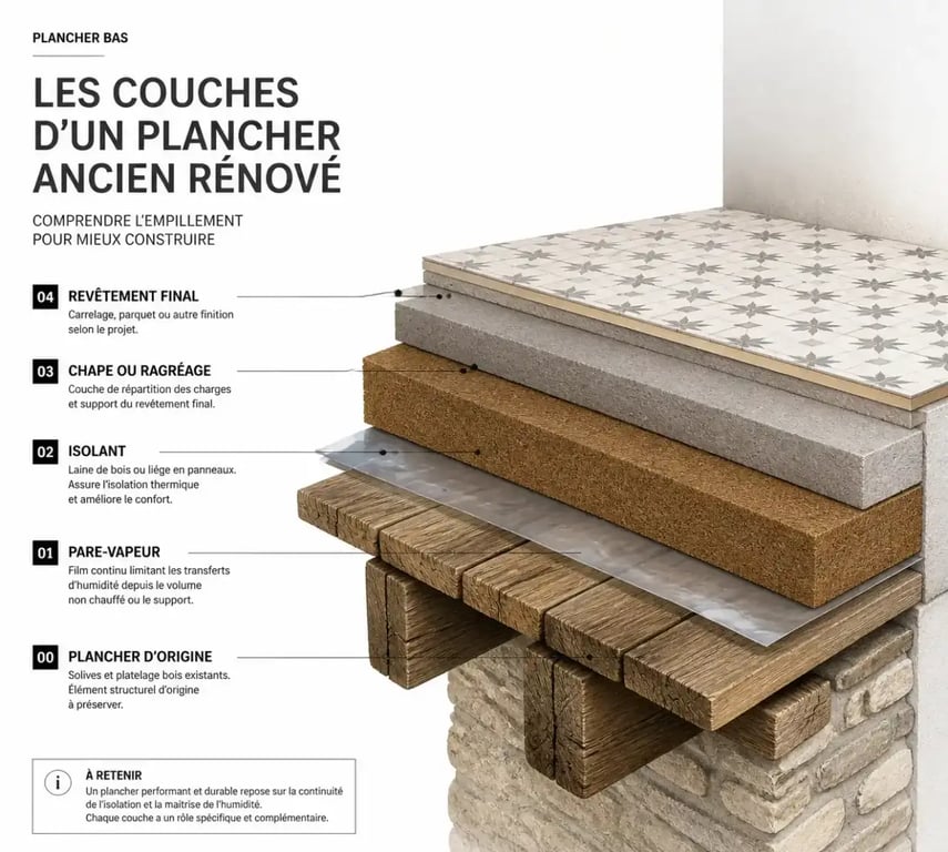 Schéma des couches pour isoler sol maison ancienne avec pare-vapeur et isolant