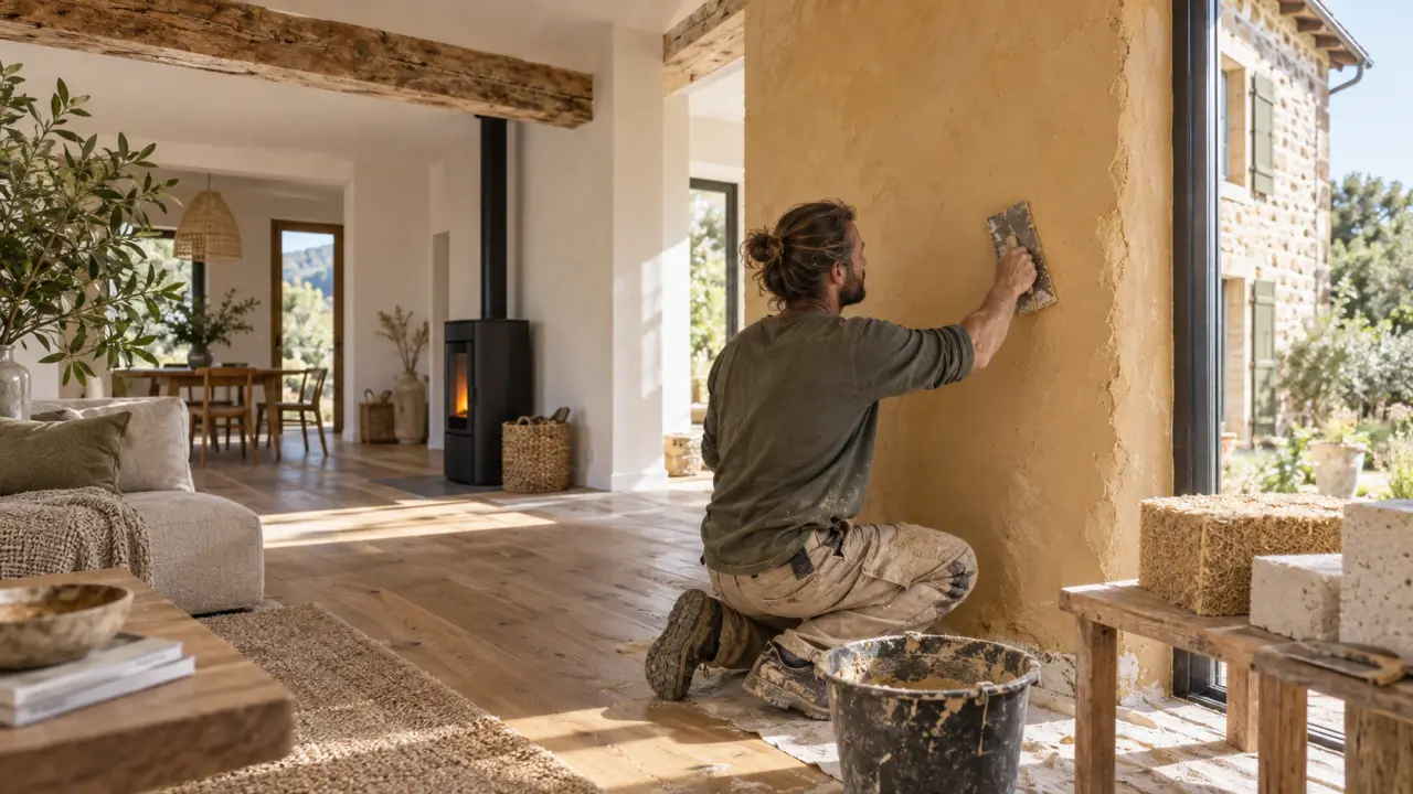 Mur intérieur rénové avec un enduit terre naturel dans un habitat lumineux