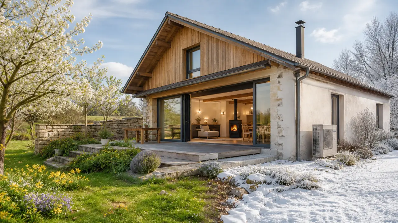 Salon rénové baigné de lumière naturelle avec bois clair, pierre et vue sur un jardin verdoyant