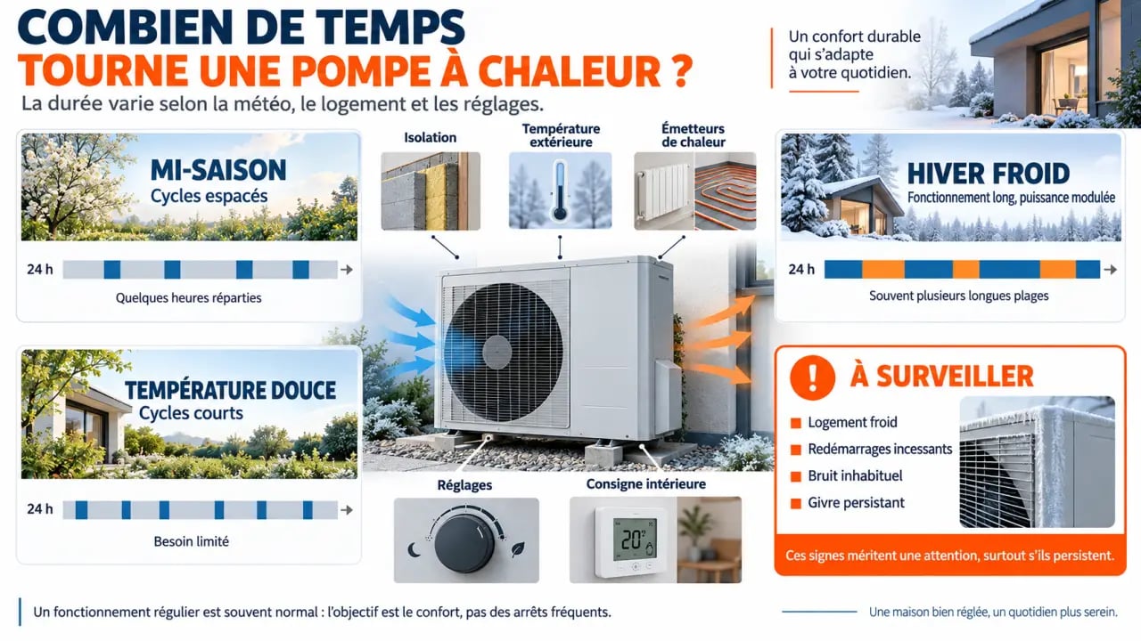 Infographie expliquant combien de temps tourne une pompe à chaleur par jour selon la météo, l’isolation et les réglages