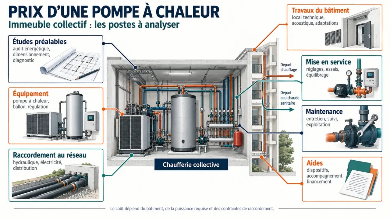 Infographie sur le prix pompe à chaleur immeuble collectif et les principaux postes du budget