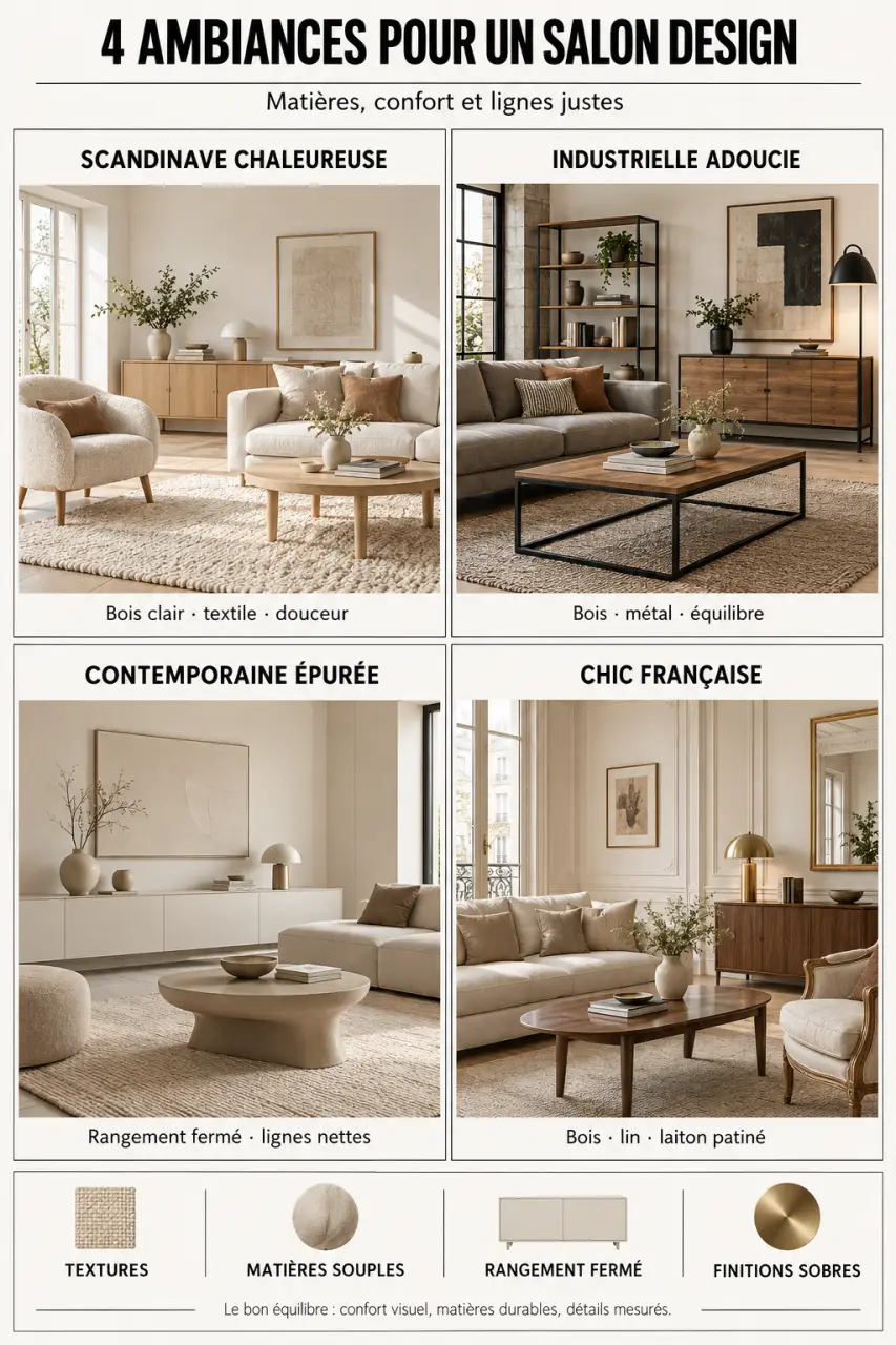 Infographie des styles de meubles salons design : scandinave, industriel, contemporain et chic français