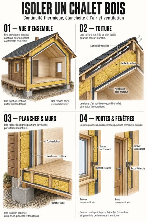 Illustration des étapes pour isoler un chalet bois au niveau de la toiture, des murs, du plancher et des ouvertures