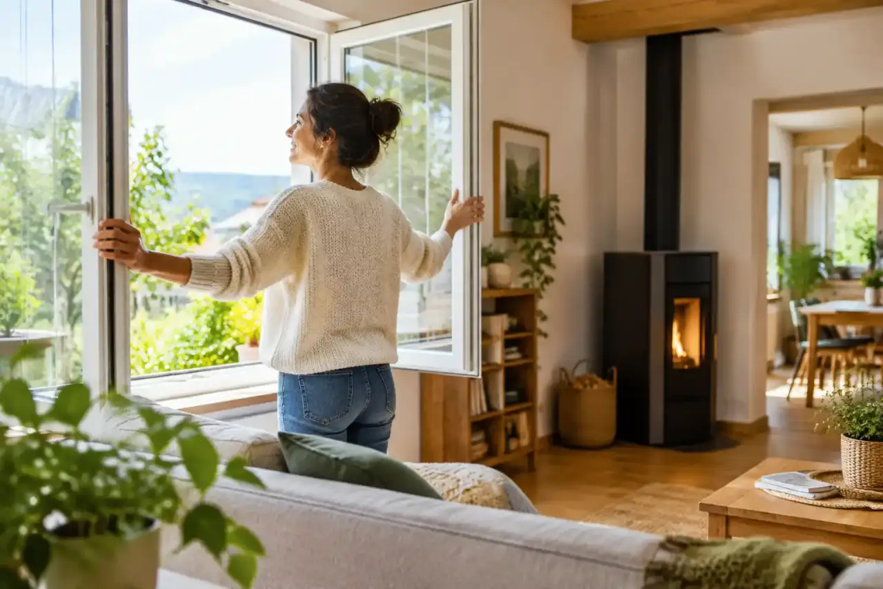 Intérieur lumineux d'une maison isolée avec des matériaux naturels et une ventilation adaptée