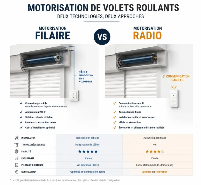 Comparaison entre motorisation filaire et radio pour volet roulant