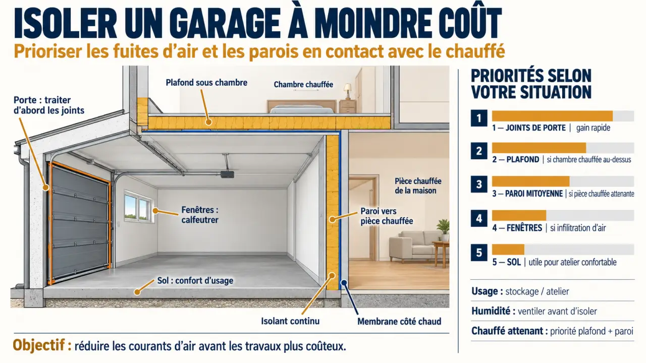 Infographie sur l'isolation garage pas cher et les zones prioritaires à traiter