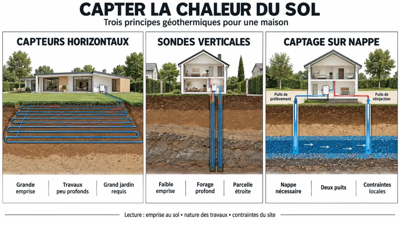 Comparaison des captages pour le chauffage en géothermie horizontal vertical et sur nappe