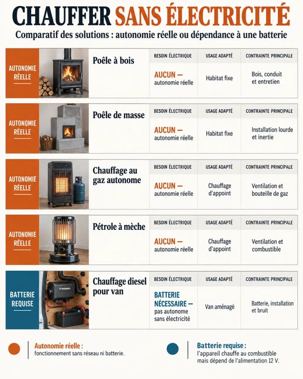 Infographie comparative des solutions de chauffage sans électricité et de leur autonomie réelle