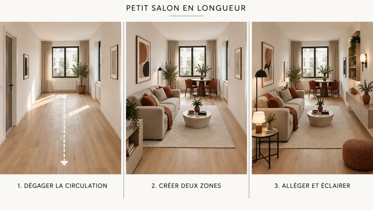 Illustration des étapes pour aménager un petit salon en longueur