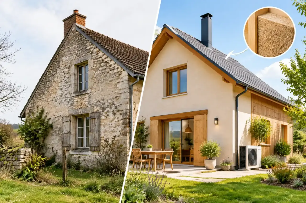 Salon lumineux d'une maison ancienne rénovée avec une isolation en fibre de bois et des matériaux naturels