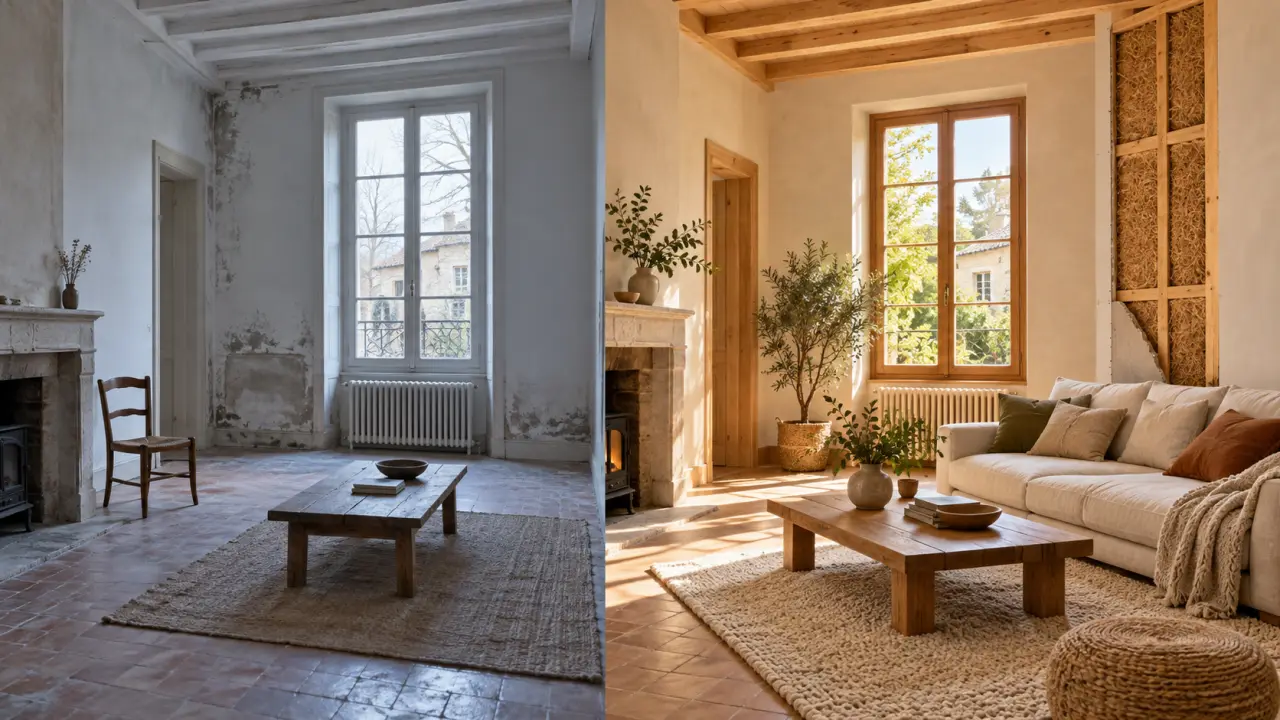 Salon rénové et lumineux avec une isolation naturelle en fibre de bois