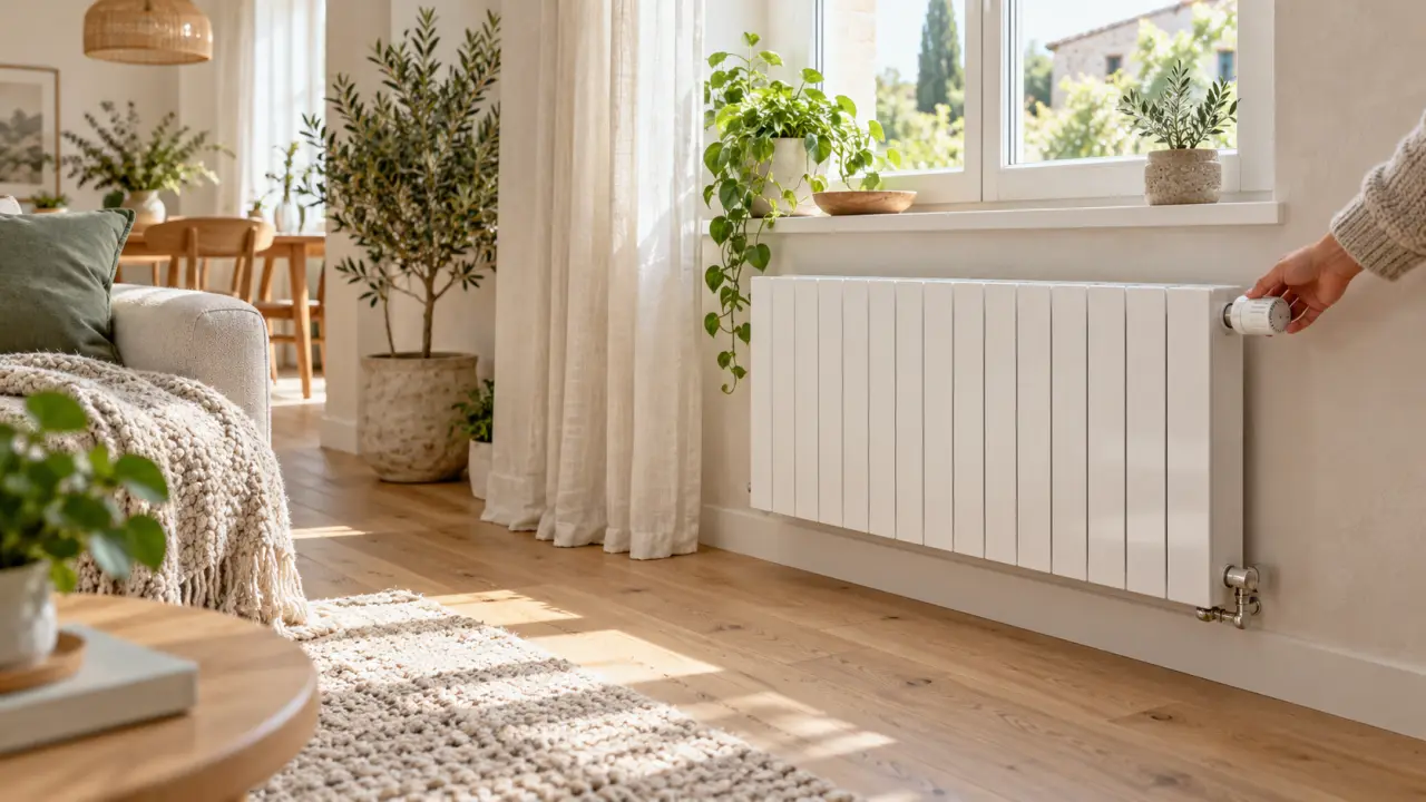Radiateur réglé dans un intérieur chaleureux aux matériaux naturels